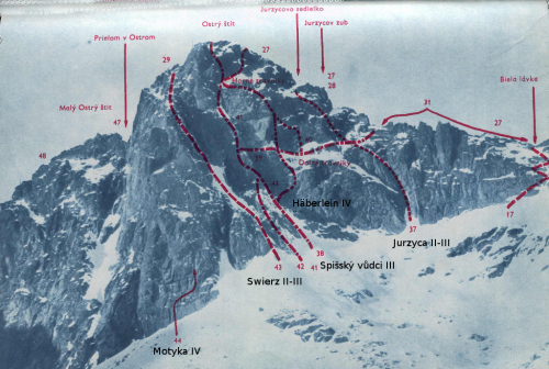 Ostrý štít. Klasické cesty v jižní stěně.