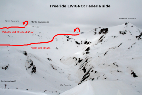 Livigno, freeride a skialpinismus.Top of Val Federia.