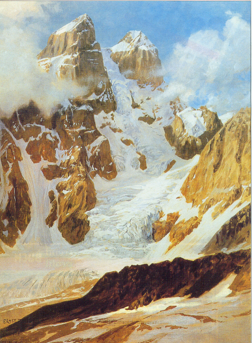 Ušba - Ushba (4710 m). Obraz temperou byl namalován v roce 1903 během německo-švýcarsko-rakouské horolezecké expedice, která zdolala hlavní Jižní vrchol pod vedením B. Rickmer-Rickmerse roku 1903.