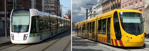 Tramvaj v Paříži (vlevo) a Mulhouse.