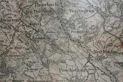 Okolí Chodova na staré mapě: Poschetzau (Božíčany), Neu Rohlau (Nová Role), Pechgrün (zaniklá Smolenice),  Dotterwies (Tatrovice), Schwarzenbach (Černava).