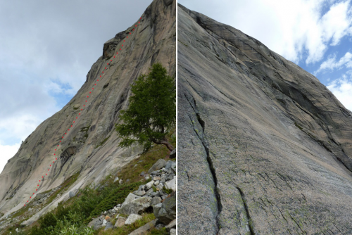 Grimselpass. Vlevo Septumania 6a+: Pohled na spodní část stěny z turistické cesty. Na obzoru přechází desátá délka přes bříško ke klíčovému úseku celé cesty. Vpravo Motorhead: Široký pás ploten lemují spáry, kterými vede cesta.