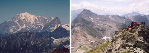 Výhled na Mont Blanc z Castoru (vlevo). Oběd na B.ca Trecare s Bec de Nana na pozadí (vpravo).