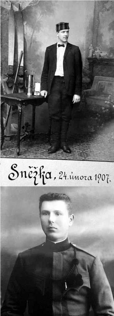 Bohumil Hanč po prvním vítězství v mistrovském závodě 1907 (nahoře) a Václav Vrbata před rokem 1913.