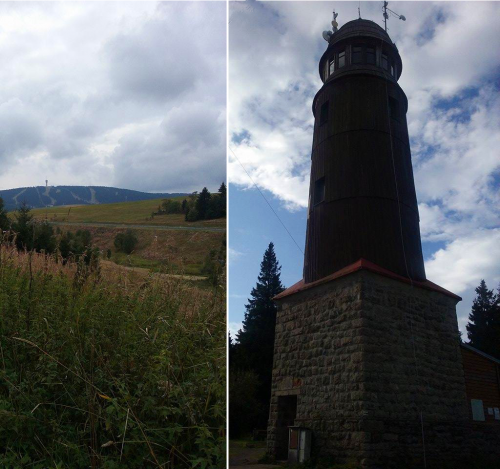 Rozhledna Blatenský vrch (Plattenberg) a Klínovec na obzoru.