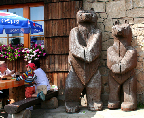 Medvědi střeží vstup do chaty pod Vsackým Cábem.