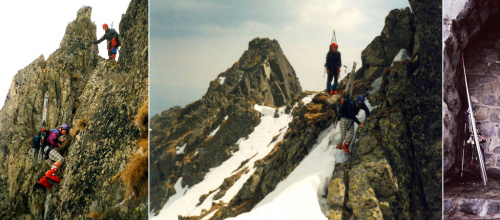 Vysoké Tatry. Zleva slanění ze Zadné Žlté štrbiny, lyžaři na Žltých Kopkách a opřené lyže na Brnčalce.