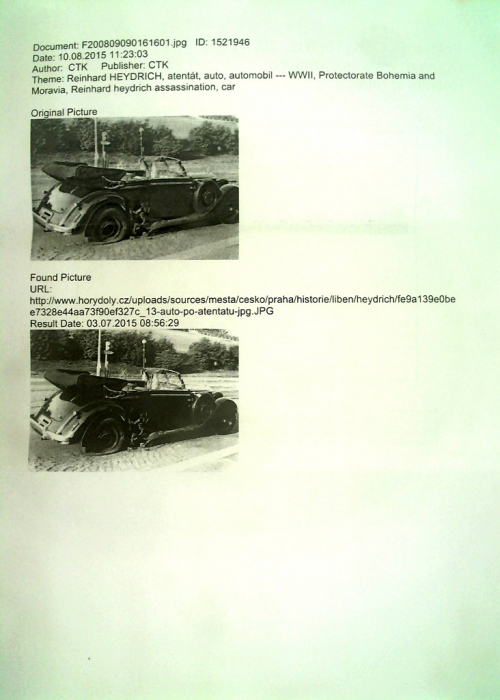 Heydrichovo zničené auto uvolnil německý Bundesarchiv pod licencí Public Domain. Vymahači se o tom asi nechtěli dozvědět.