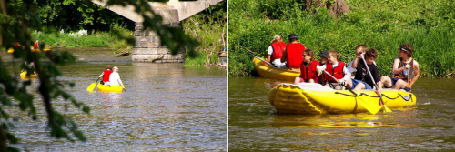 Raft pluje na Sázavě v Týnci nad Sázavou.