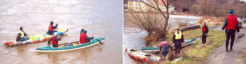 Kanoe plují na Sázavě u Kamenného Přívozu za povodně.