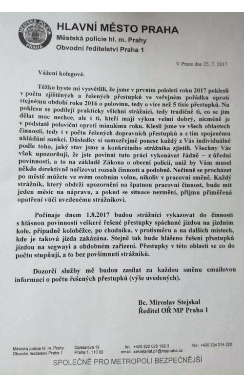 Dopis ředitele městské policie Praha 1 Miroslava Stejskala svým strážníkům.