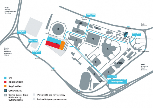 Veletrhy GO a Regiontour se konají na Výstavišti v Brně, pavilon P.