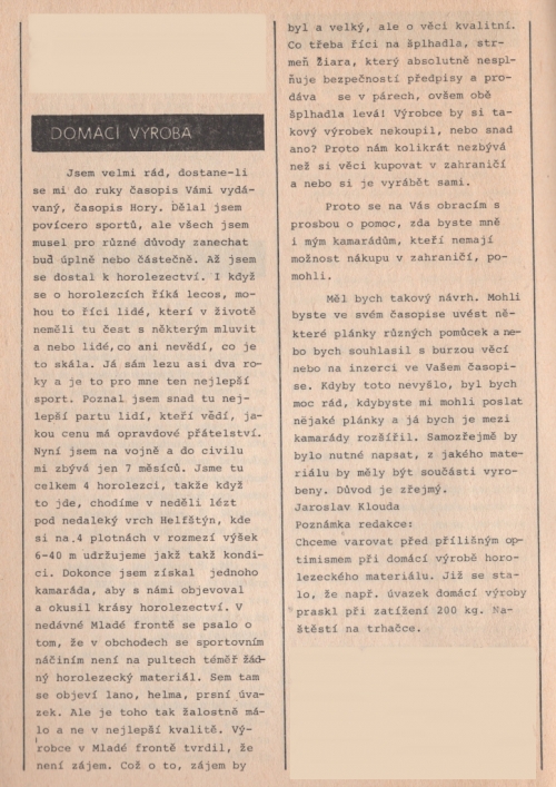 Dopis čtenáře do horolezeckého časopisu Minihory 1988.