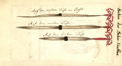 Asymetrické lyže dánské armády z roku 1763.