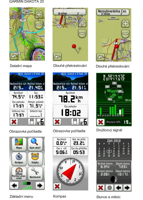 Garmin Dakota 20, základní testované obrazovky.